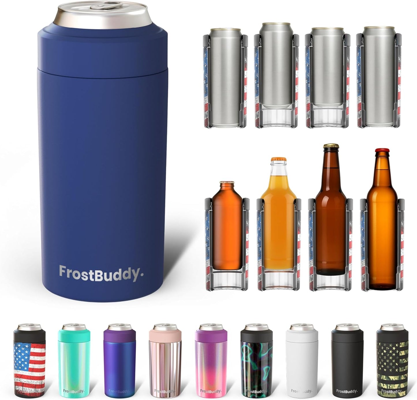 CZTICLE® Universal Buddy Can Cooler - Fits All - For Regular 12 & 16 oz or Slim-Size Bottles - Insulated Double -Walled Stainless Steel (All white)