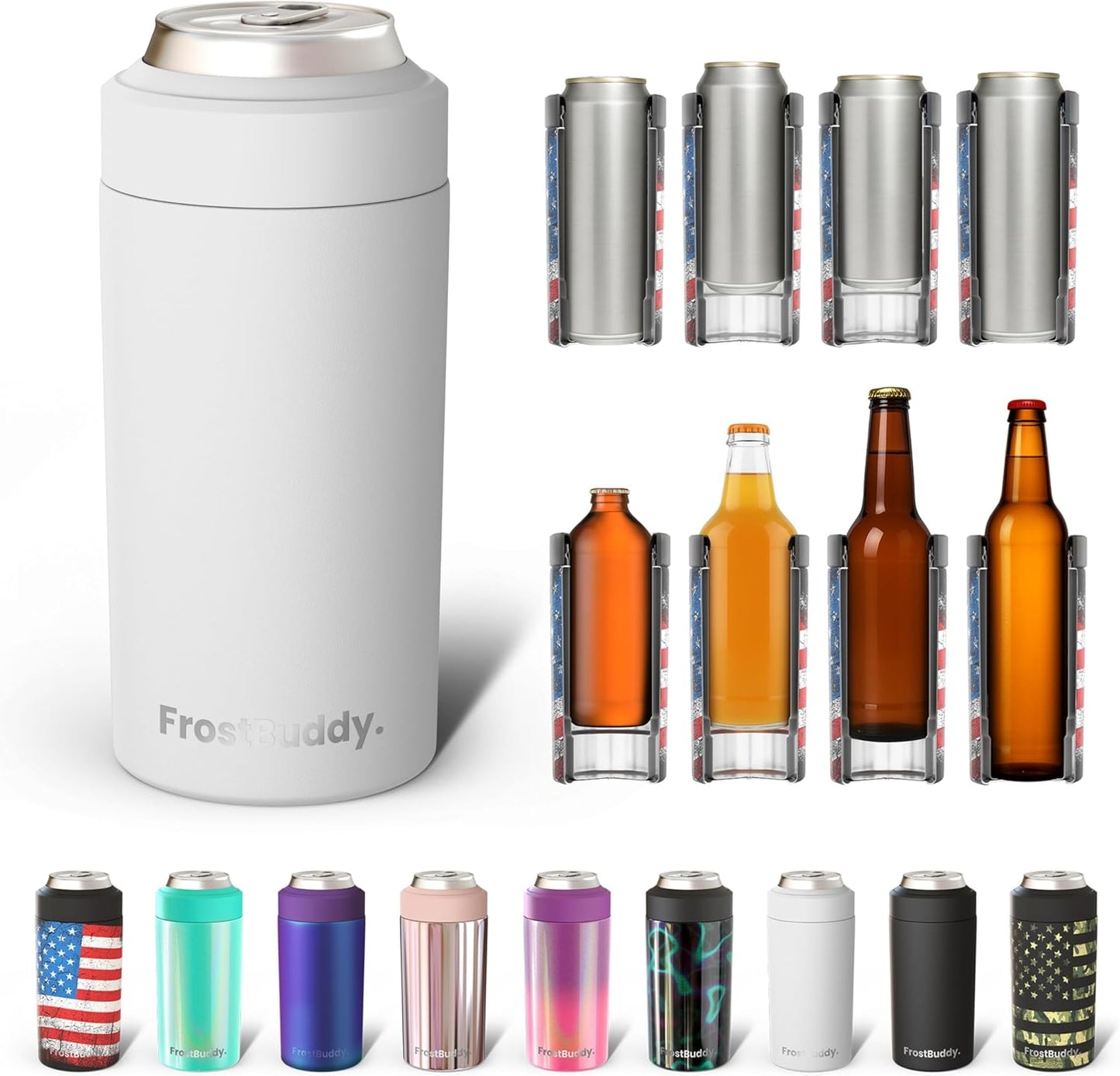 CZTICLE® Universal Buddy Can Cooler - Fits All - For Regular 12 & 16 oz or Slim-Size Bottles - Insulated Double -Walled Stainless Steel (All white)