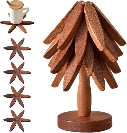 🎅Natural Tree Trivet Set - 4 Wooden Trivets & 1 Stand Like a Christmas Tree