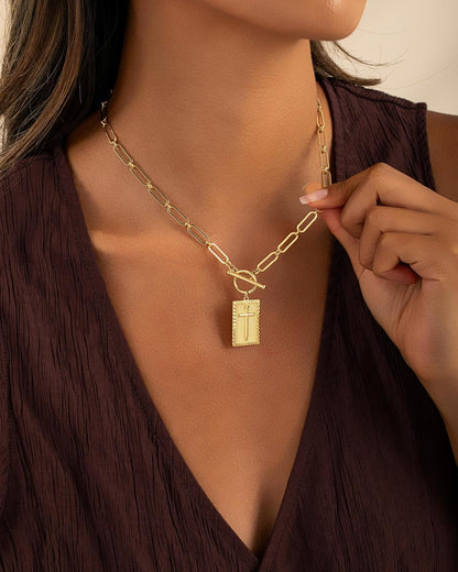 Cilifer® Gold and Silver Cross Pendant Necklace for Women. Toggle Clasp Rectangle Cross Charm Necklace. Dainty Paperclip Chain Religious Jewelry Gift for Christian Faith. Baptism.