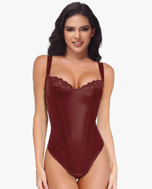 SFRCORD® New Style Lace Sexy Suspenders Waist Slimming PU Splicing Women's Jumpsuit Small Vest Women