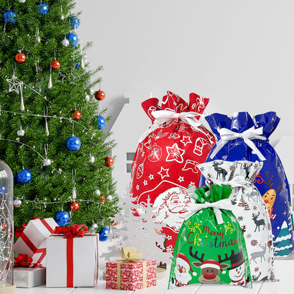 CZTICLE® Aluminum Foil Christmas Holiday Drawstring Gift Bags for Party Favors, Goodie Bag, Treats, Gift Wrap, Parties