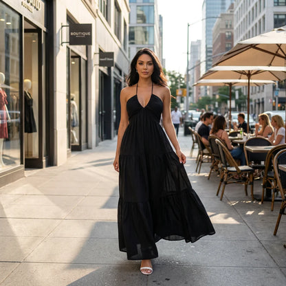 SFRCORD® Halter Bow Tie Back Ruched Bust Maxi Dress