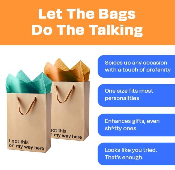CILIFER® MilkToast Brands Funny Gift Bags. 11 x 8 x 4 Size. Just Smile And Say You Love It. Pack of 2 Brown Kraft Paper Bags with Sarcastic Phrases. Funny Gift Bags for Christmas and White Elephant Gifts