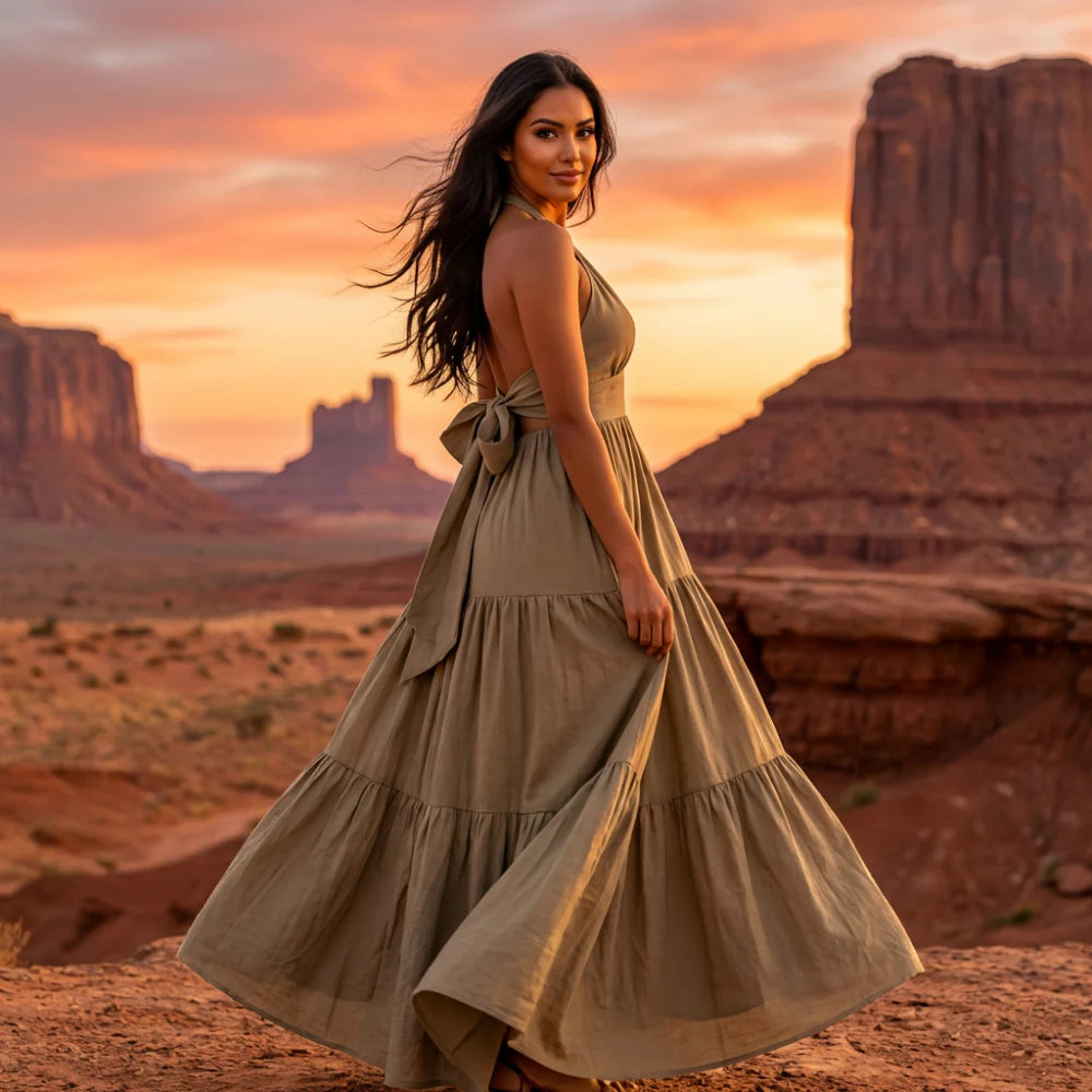 SFRCORD® Halter Bow Tie Back Ruched Bust Maxi Dress