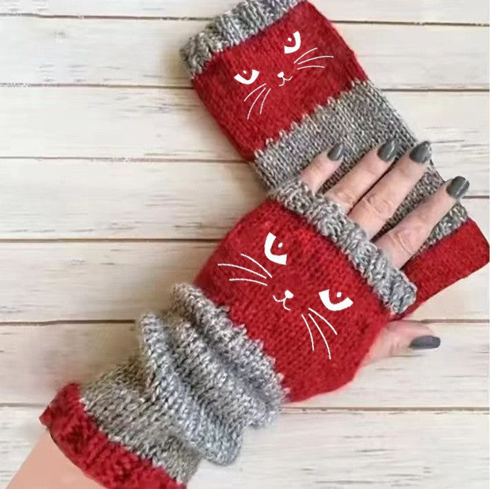 CILIFER® 1 Pair Women's Winter Touchscreen Thermal Gloves with Cat Embroidery Color Block