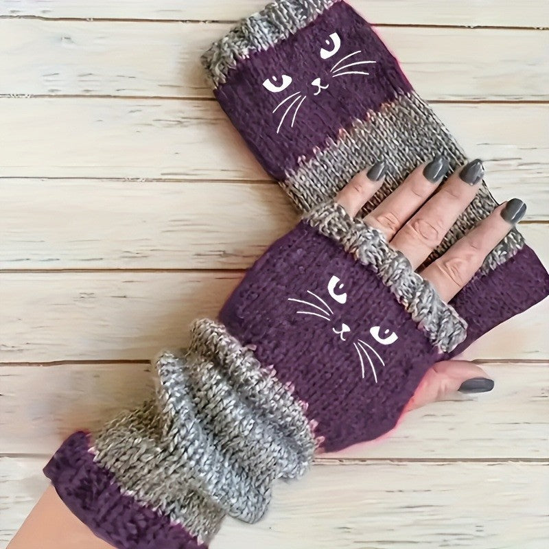 CILIFER® 1 Pair Women's Winter Touchscreen Thermal Gloves with Cat Embroidery Color Block