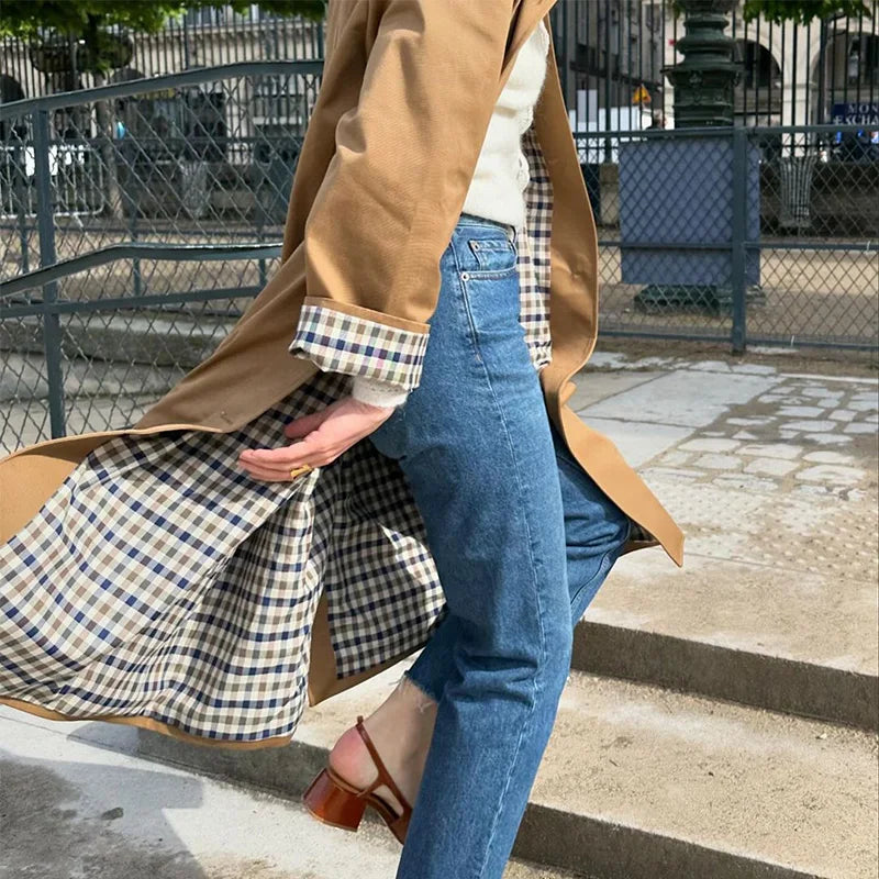 SFRCORD®  Trench Coat Plaid Lapel Long Coats for Women - Casual Loose Jackets, Autumn Windbreakers