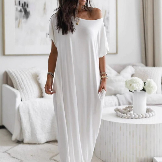 2025 WOMEN'S OFF-SHOULDER SOLID COLOR BAT SLEEVE DRESS CASUAL LONG DRESS