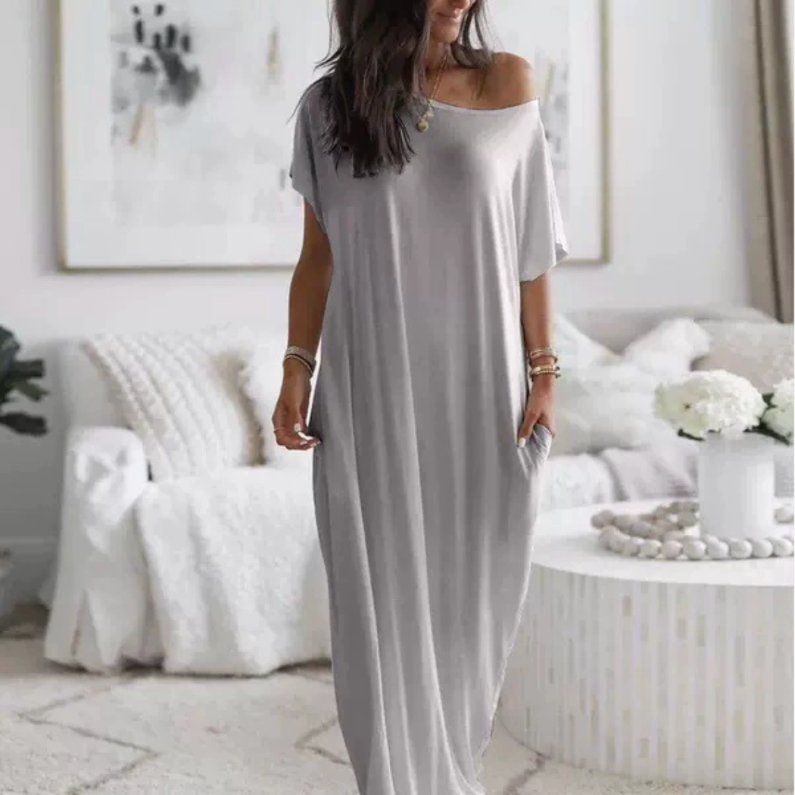 2025 WOMEN'S OFF-SHOULDER SOLID COLOR BAT SLEEVE DRESS CASUAL LONG DRESS