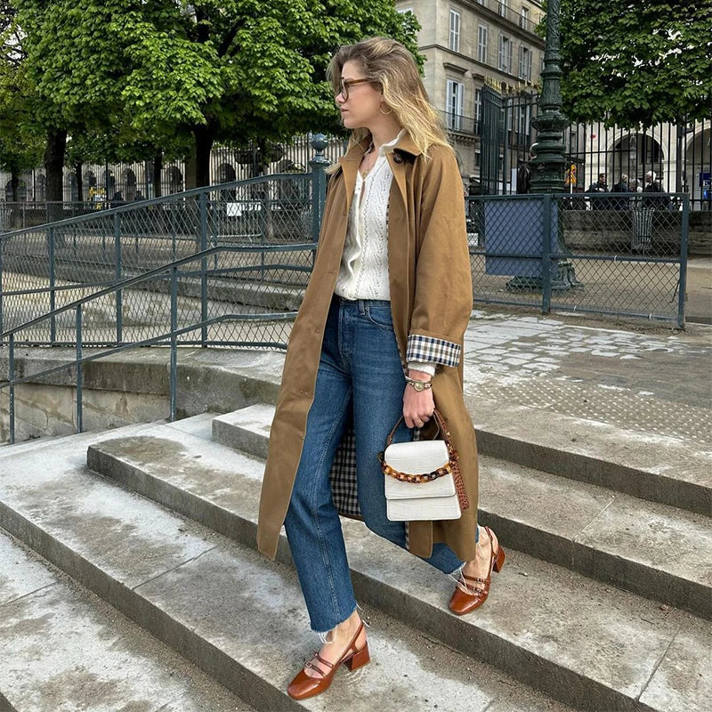SFRCORD®  Trench Coat Plaid Lapel Long Coats for Women - Casual Loose Jackets, Autumn Windbreakers