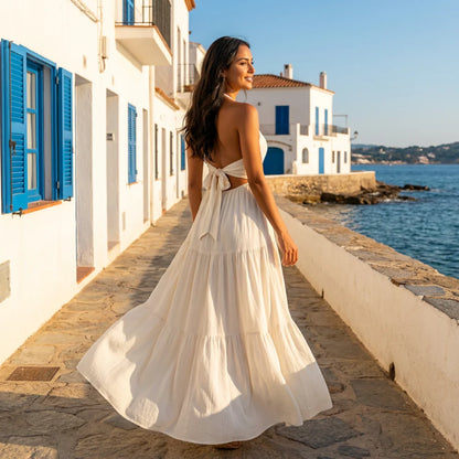 SFRCORD® Halter Bow Tie Back Ruched Bust Maxi Dress