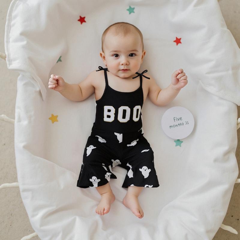 SFRCORD® Halloween Toddler Girl Bell BottomJumpsuit Boo Embroidery Ghost Print RomperBaby Spaghetti Straps Overalls Flare Pant KidPlaysuit
