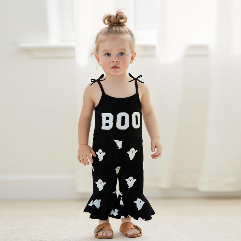 SFRCORD® Halloween Toddler Girl Bell BottomJumpsuit Boo Embroidery Ghost Print RomperBaby Spaghetti Straps Overalls Flare Pant KidPlaysuit