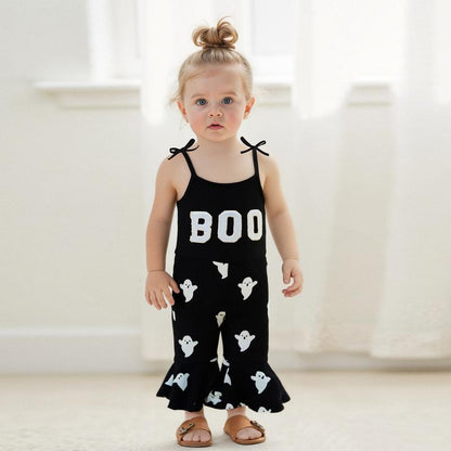 SFRCORD® Halloween Toddler Girl Bell BottomJumpsuit Boo Embroidery Ghost Print RomperBaby Spaghetti Straps Overalls Flare Pant KidPlaysuit
