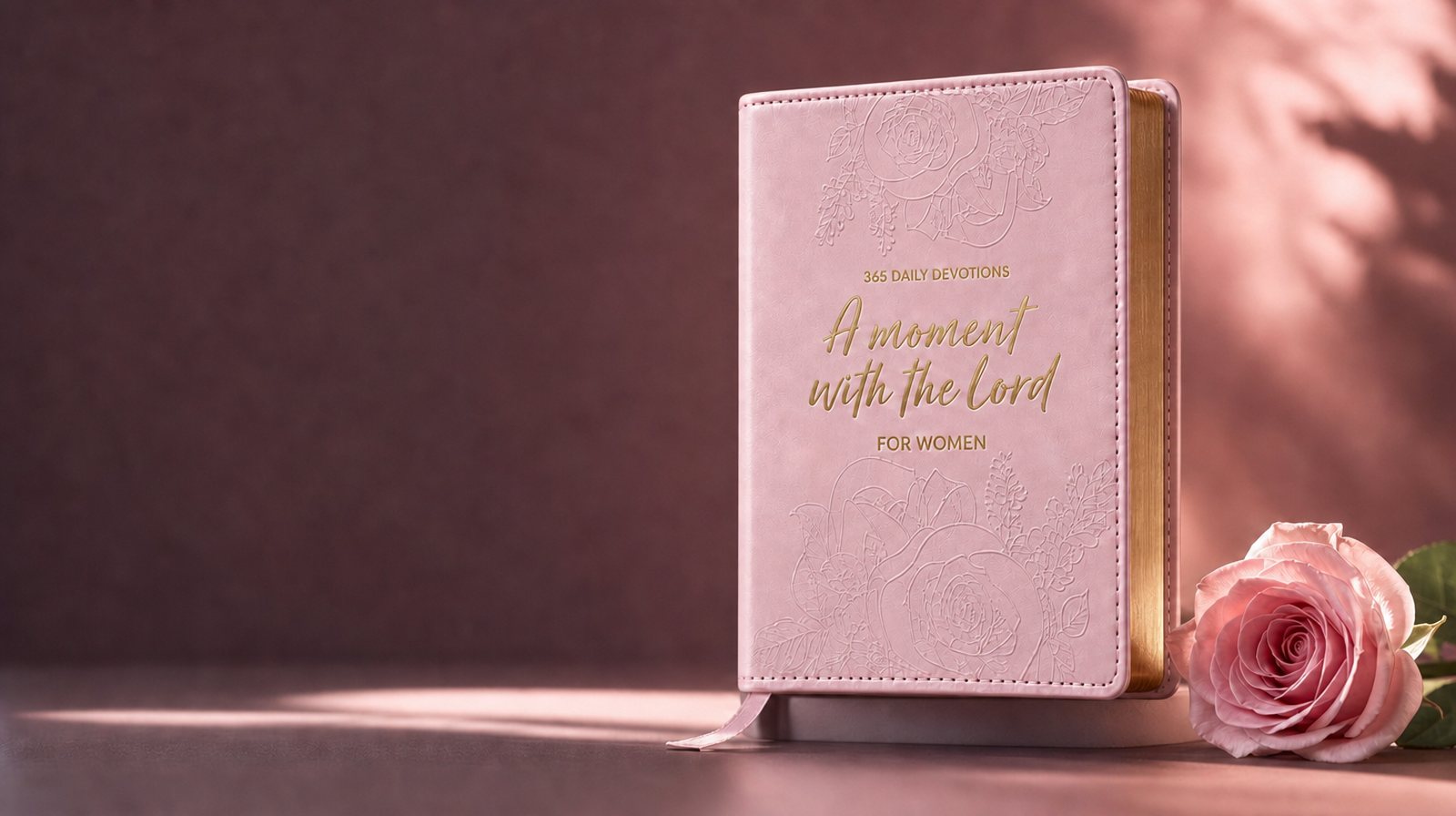A Moment With the Lord devotional standing against a soft plum backdrop with a rose