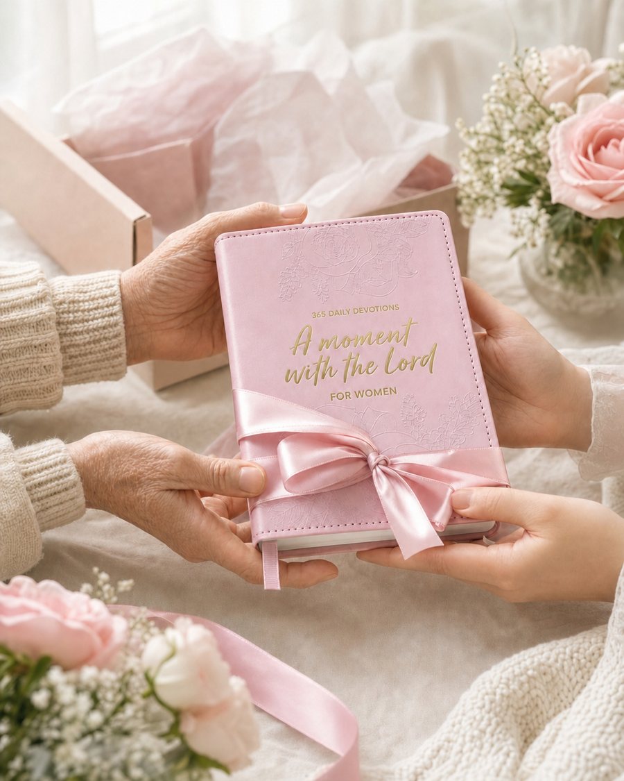 Two pairs of hands passing the ribbon-wrapped devotional as a gift