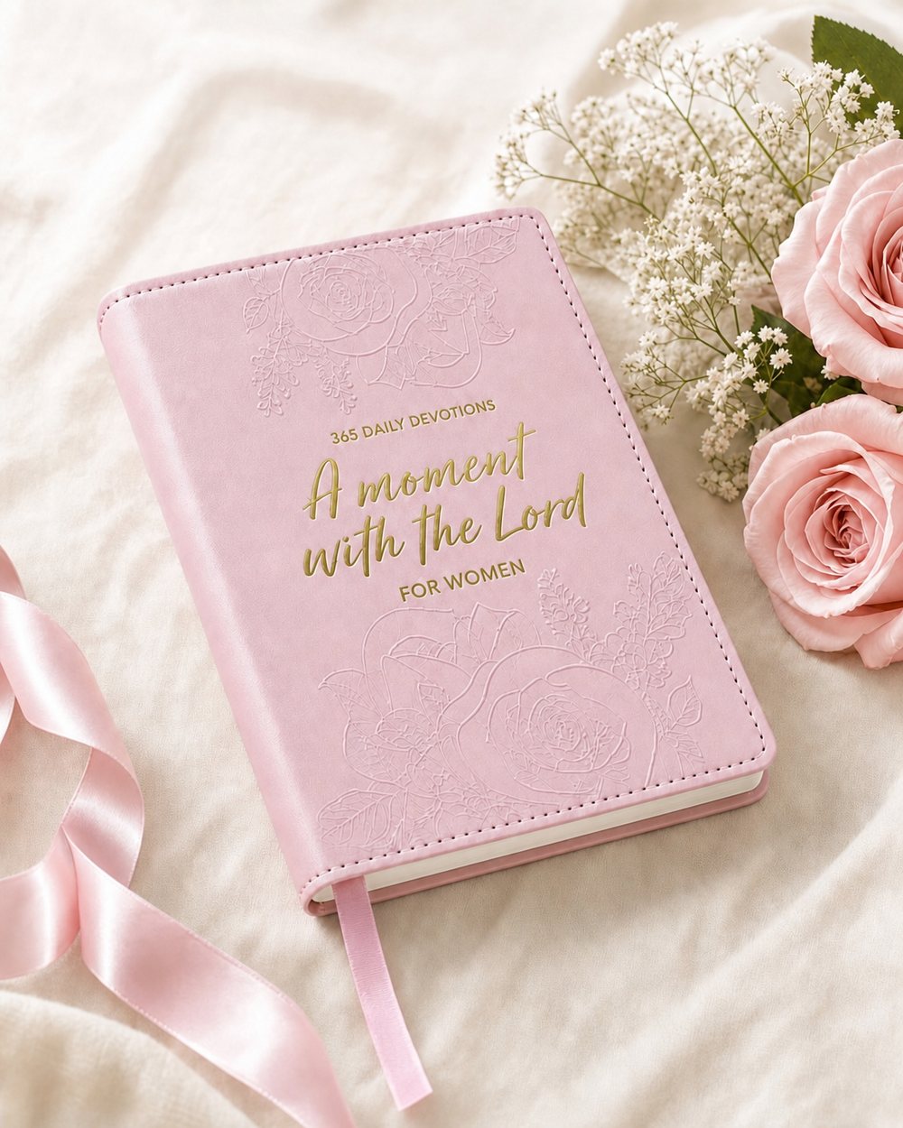A Moment With the Lord 365-day devotional for women, pink faux-leather cover