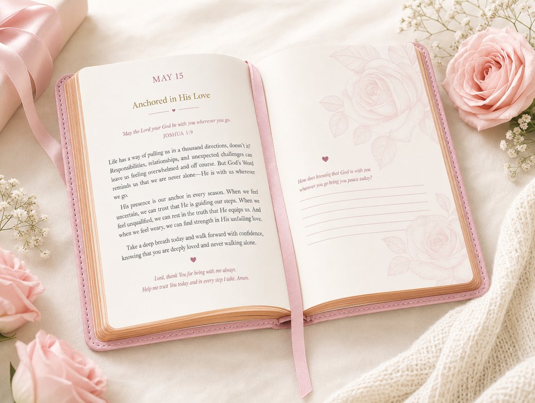 Inside spread of the devotional showing a dated entry, verse, reflection and prayer journaling lines