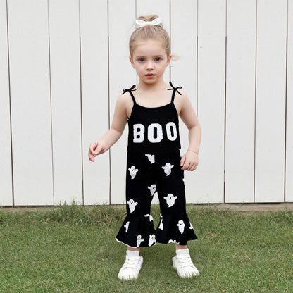 SFRCORD® Halloween Toddler Girl Bell BottomJumpsuit Boo Embroidery Ghost Print RomperBaby Spaghetti Straps Overalls Flare Pant KidPlaysuit