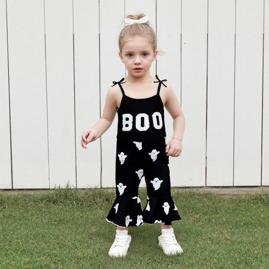 SFRCORD® Halloween Toddler Girl Bell BottomJumpsuit Boo Embroidery Ghost Print RomperBaby Spaghetti Straps Overalls Flare Pant KidPlaysuit