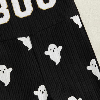 SFRCORD® Halloween Toddler Girl Bell BottomJumpsuit Boo Embroidery Ghost Print RomperBaby Spaghetti Straps Overalls Flare Pant KidPlaysuit