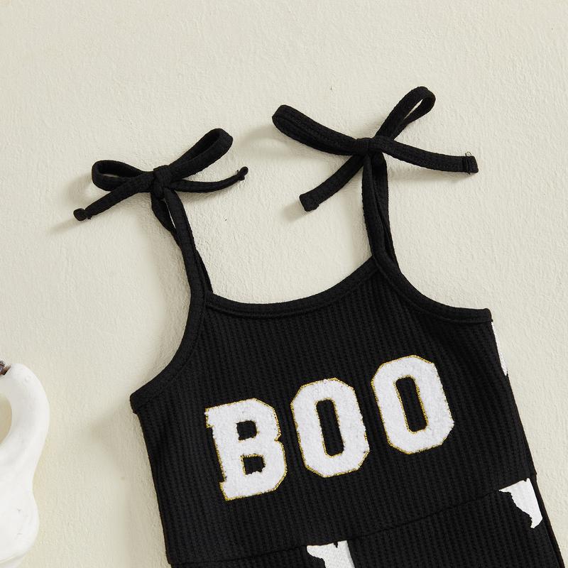 SFRCORD® Halloween Toddler Girl Bell BottomJumpsuit Boo Embroidery Ghost Print RomperBaby Spaghetti Straps Overalls Flare Pant KidPlaysuit