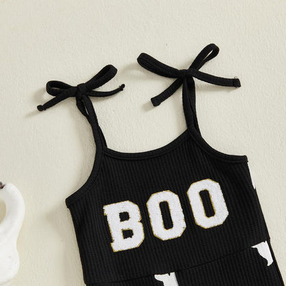 SFRCORD® Halloween Toddler Girl Bell BottomJumpsuit Boo Embroidery Ghost Print RomperBaby Spaghetti Straps Overalls Flare Pant KidPlaysuit