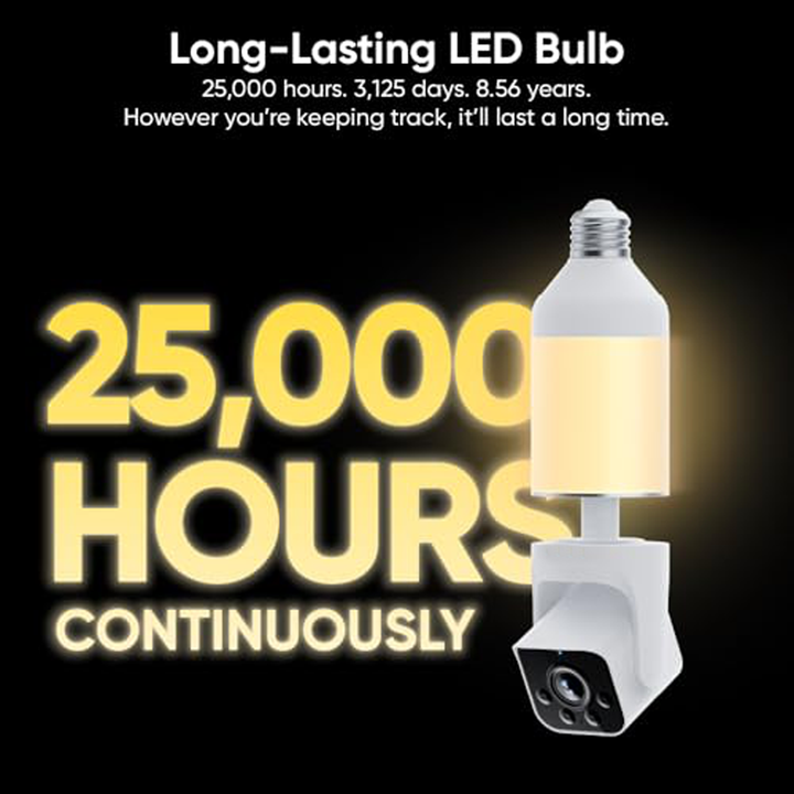 CILIFER® Security Camera, 2K HD Outdoor Light Bulb Camera, Color Night Vision, Dimmable LED Bulb, Motion Detection, Siren Alarm, Works w/Alexa/Google Assistant.