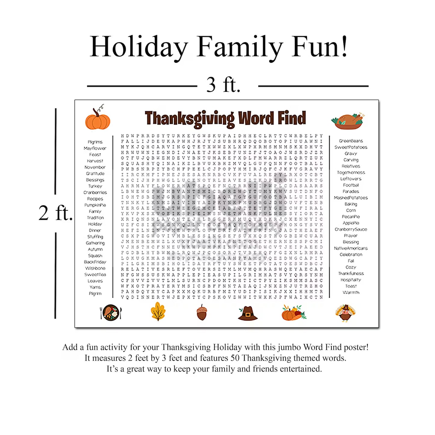 CILIFER® Thanksgiving Word Search Poster – Jumbo 36" x 24" Wall Game, 50 Words, Family Holiday Party Activity, Large Thanksgiving Word Find Decor