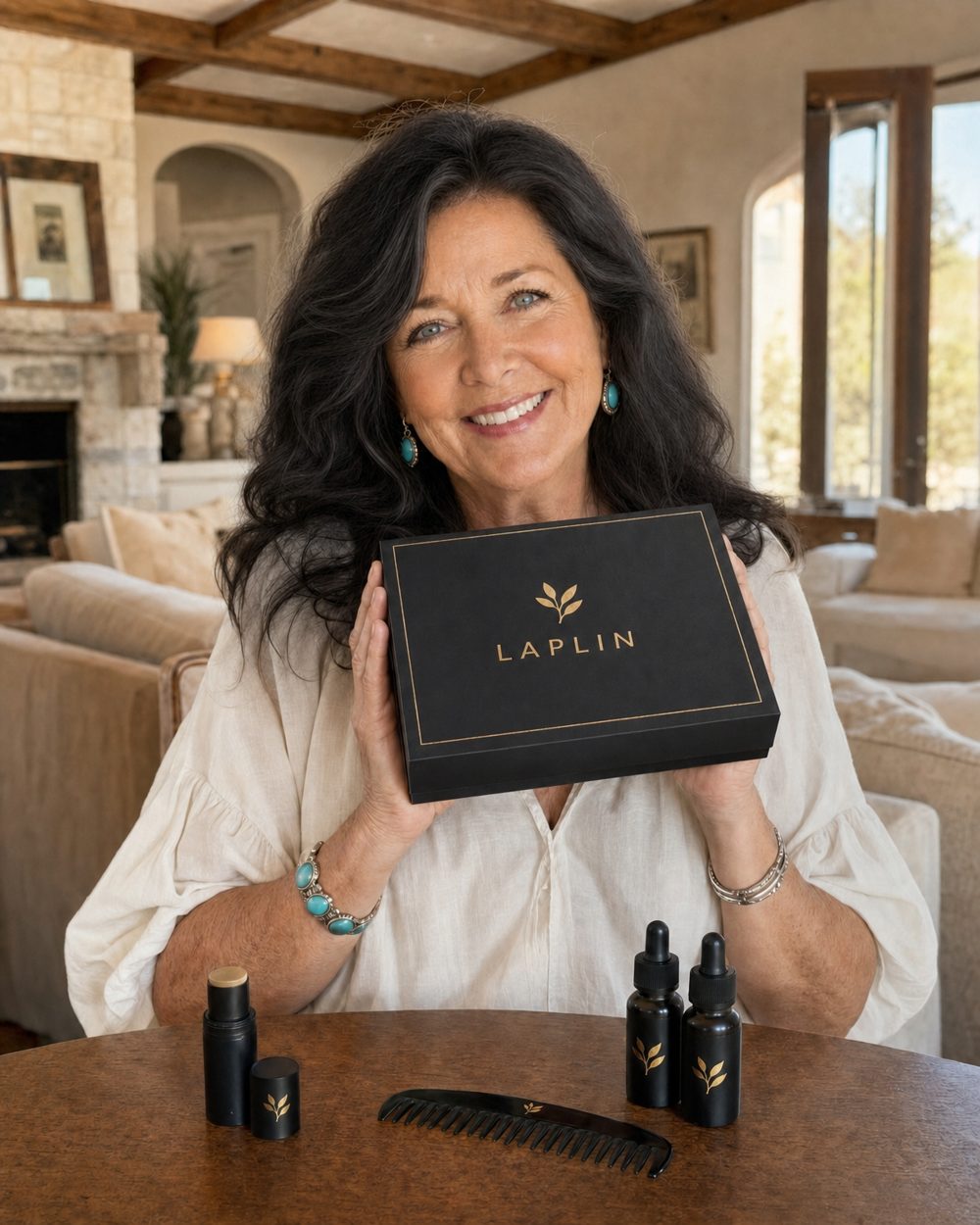 A woman presenting the closed LAPLIN box.