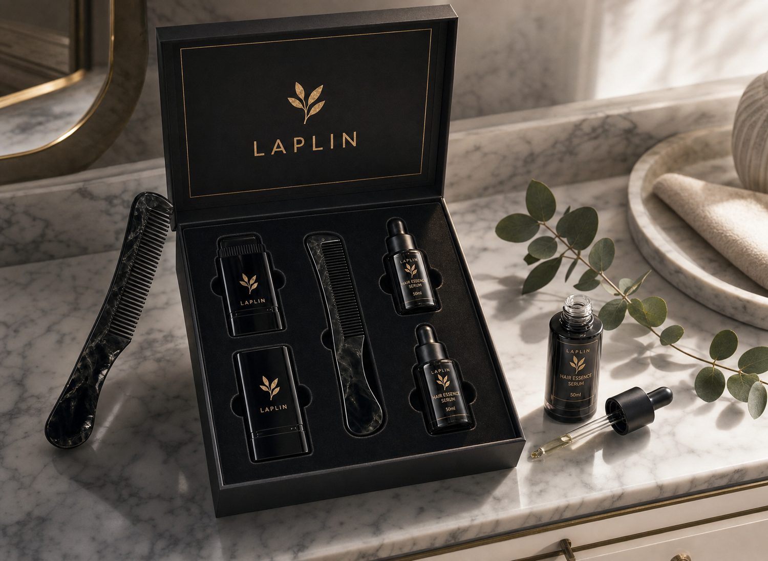 The open LAPLIN set styled on a marble vanity.