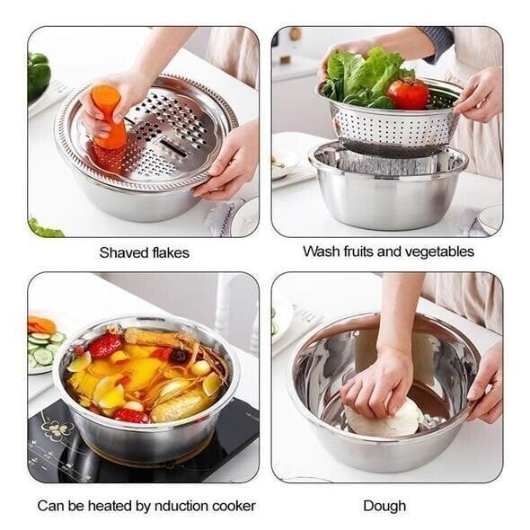 Multifunctional Stainless Steel Basin Set – 3-Piece Kitchen Essential