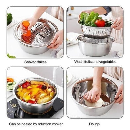 Multifunctional Stainless Steel Basin Set – 3-Piece Kitchen Essential