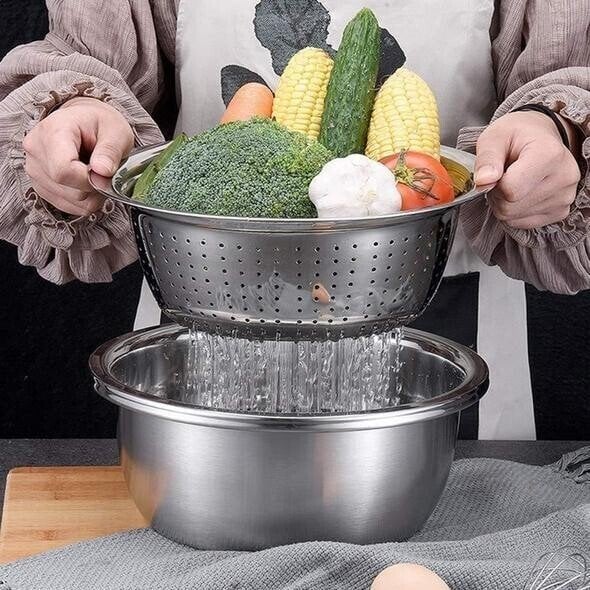 Multifunctional Stainless Steel Basin Set – 3-Piece Kitchen Essential