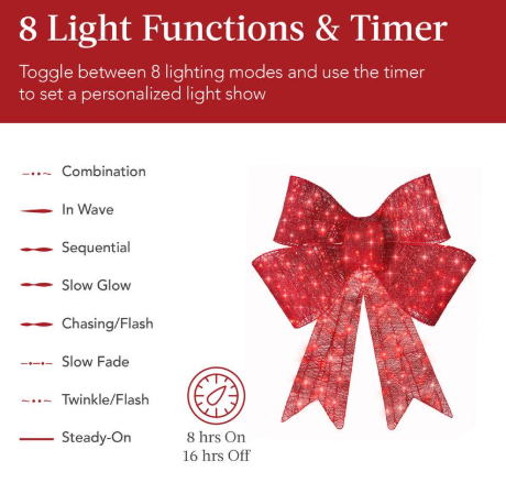 CATICLE® Best Choice Products Pre-Lit Christmas Bow, Large Outdoor LED Lighted Holiday Décor w/ 8 Light Functions, Hook