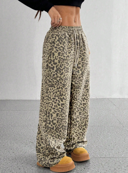 SFRCORD® Women's Leopard Print Loose Straight Leg Casual Trousers, High-End Slimming