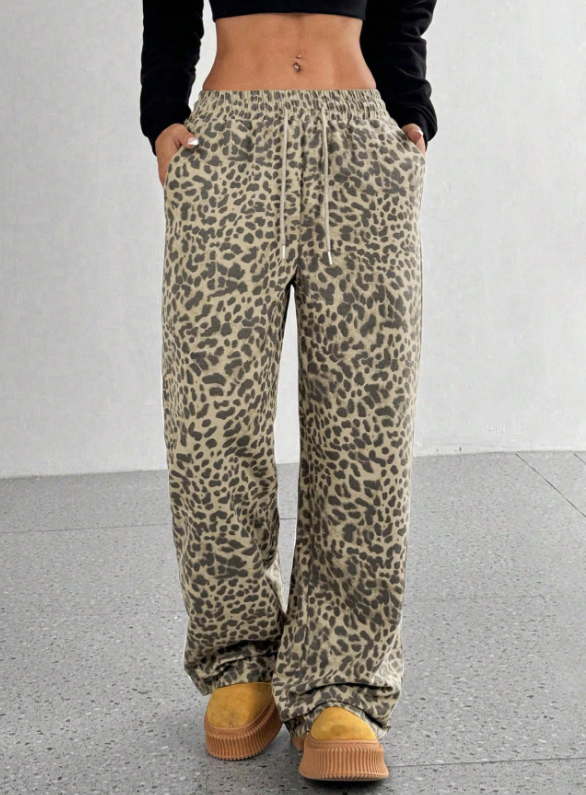 SFRCORD® Women's Leopard Print Loose Straight Leg Casual Trousers, High-End Slimming